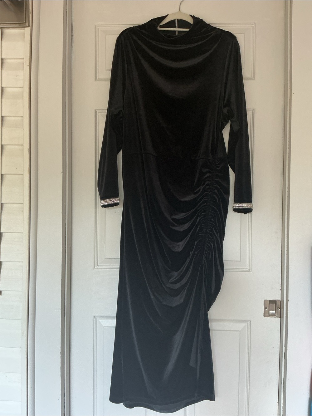 Anthropologie Black Velvet Long-Sleeve Ruched Maxi Dress nwt.